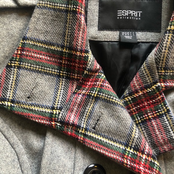Espirit Grey Wool Peacoat with Plaid Detail - Picture 1 of 3